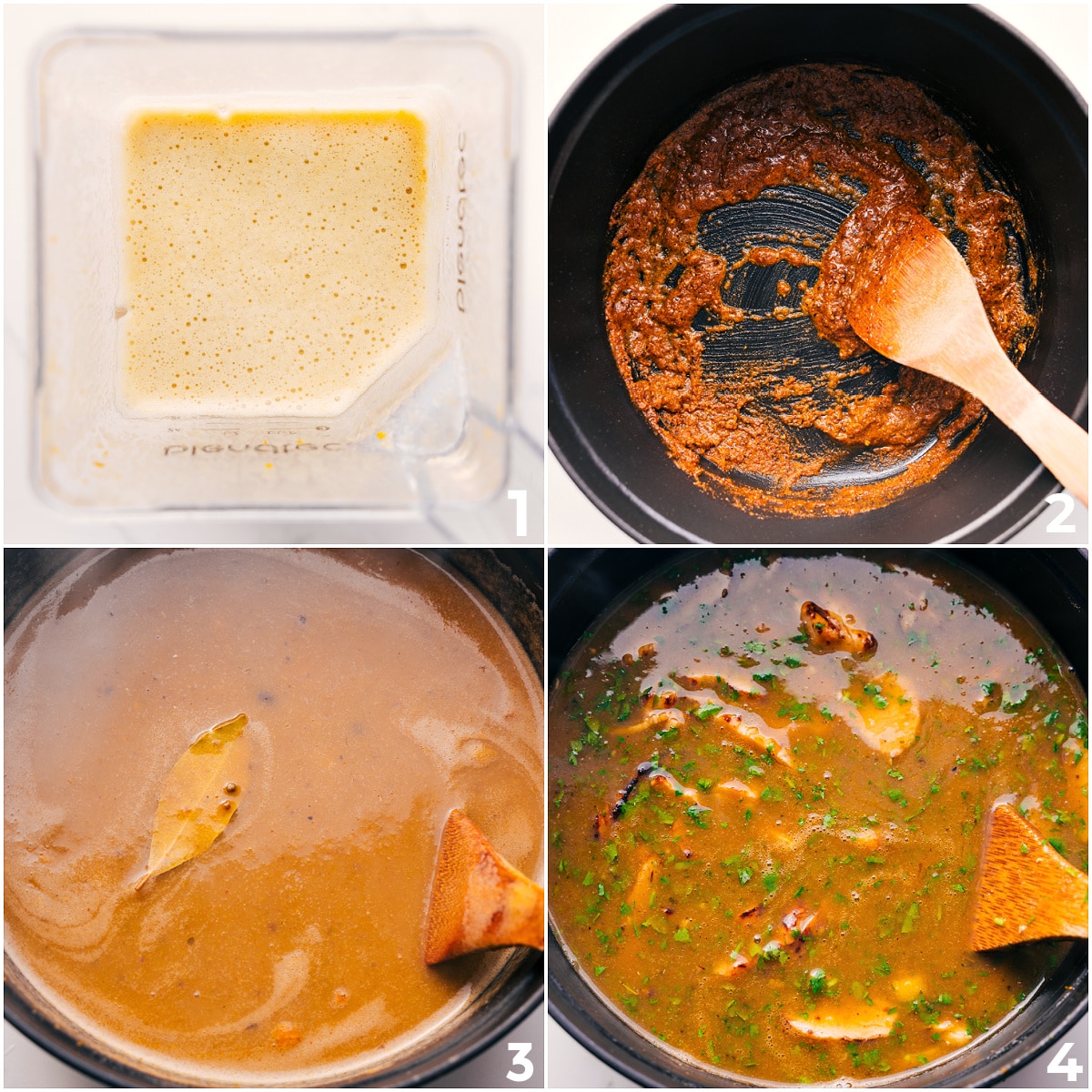 Blending chiles with chicken stock, then sautéing oil with flour and spices before combining everything to cook together into chicken pozole.