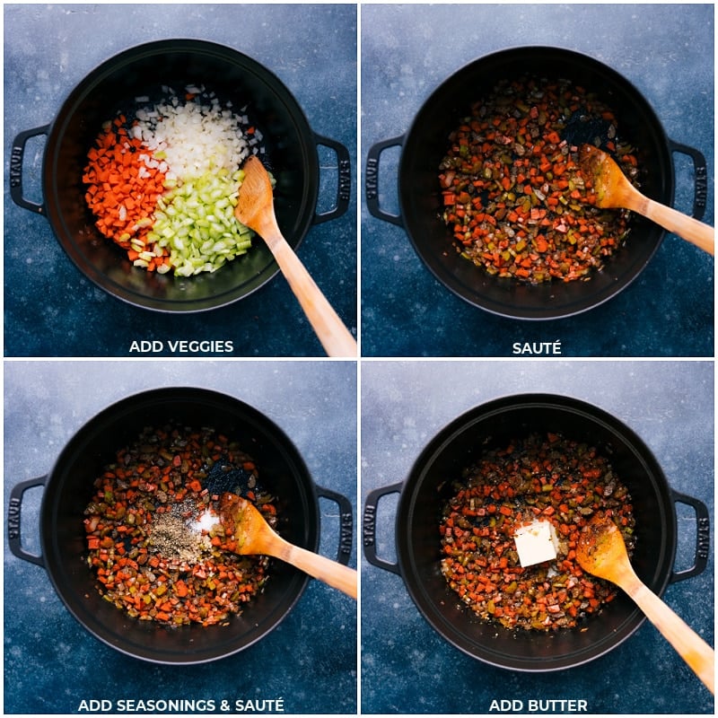 Process shots of Creamy Chicken Soup-- images of the veggies being sautéed and seasonings and butter being added to the pot