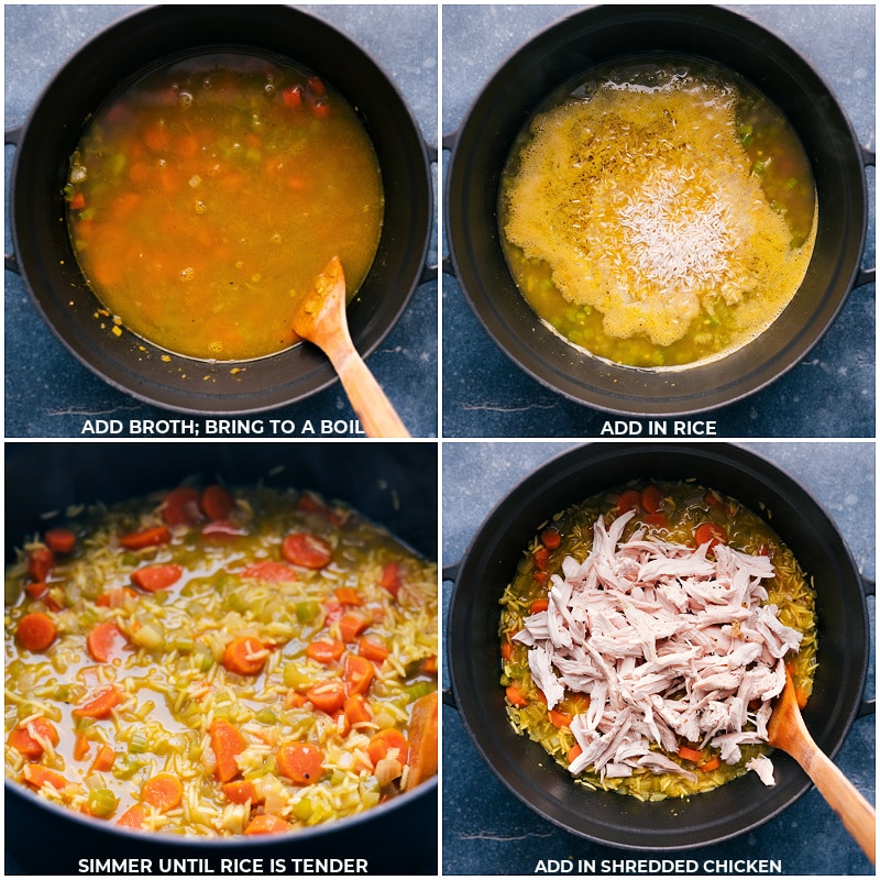 Process shots of Chicken Curry Rice Soup-- images of the broth, rice, and chicken being added to the pot