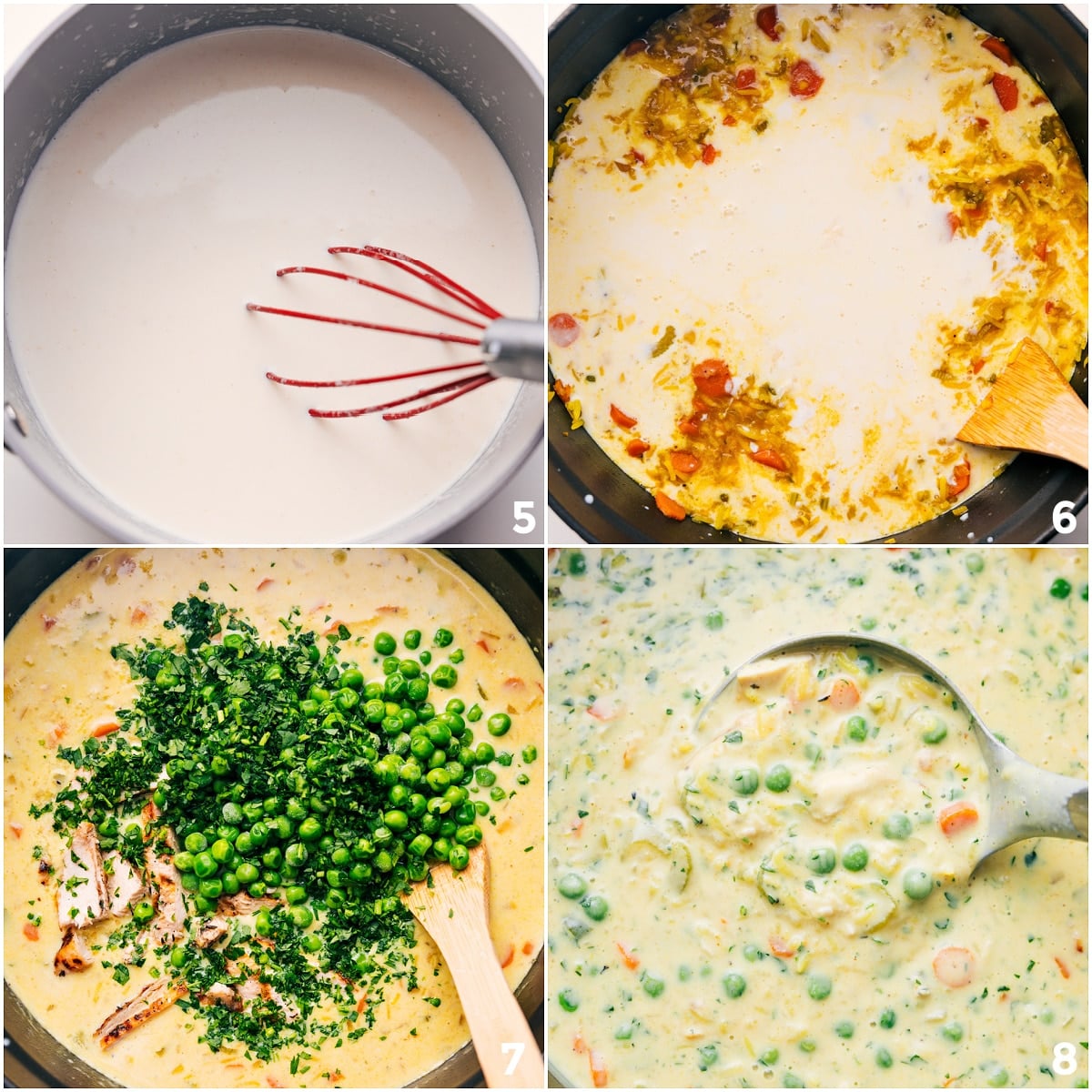 Chicken Curry Rice Soup is out of this world good! We've got tender shredded chicken, rice, carrots, onion, and celery all simmering together in a rich, creamy, and flavorful base that will have you coming back for seconds (or thirds). Recipe via chelseasmessyapron #dinner #quick #easy #simple #best #familyfriendly #comfortfood #healthy #curry #chicken #rice #soup Making the cream sauce and adding it to the rice and veggie mix and then mixing in frozen peas, chopped cilantro, and cooked chicken.