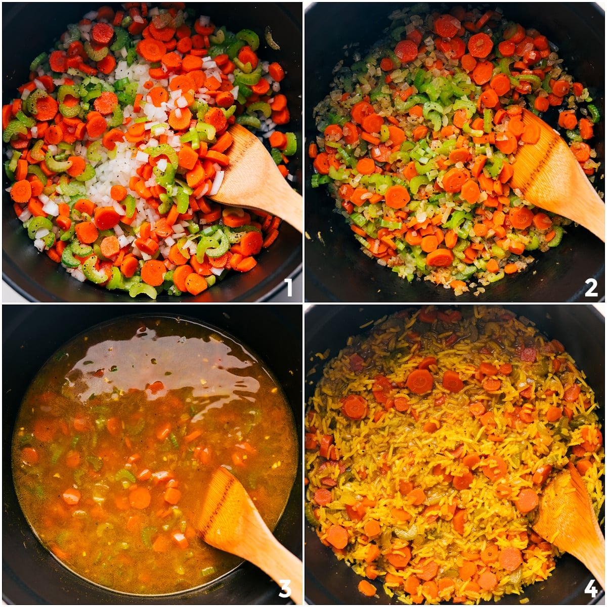 Chicken Curry Rice Soup is out of this world good! Get ready to cozy up with a big bowl of this comforting goodness! Recipe via chelseasmessyapron #dinner #quick #easy #simple #best #familyfriendly #comfortfood #healthy #curry #chicken #rice #soup The veggies sautéed, then broth and rice added and cooked together for this Chicken Curry Rice Soup.