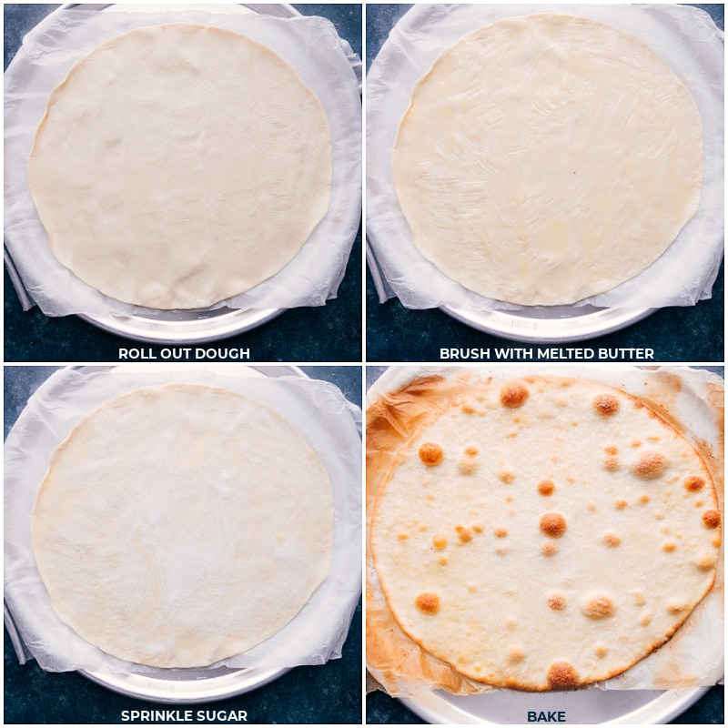 Process shots: make the crust by rolling out the dough, brushing with melted butter, sprinkling iwth sugar and baking.