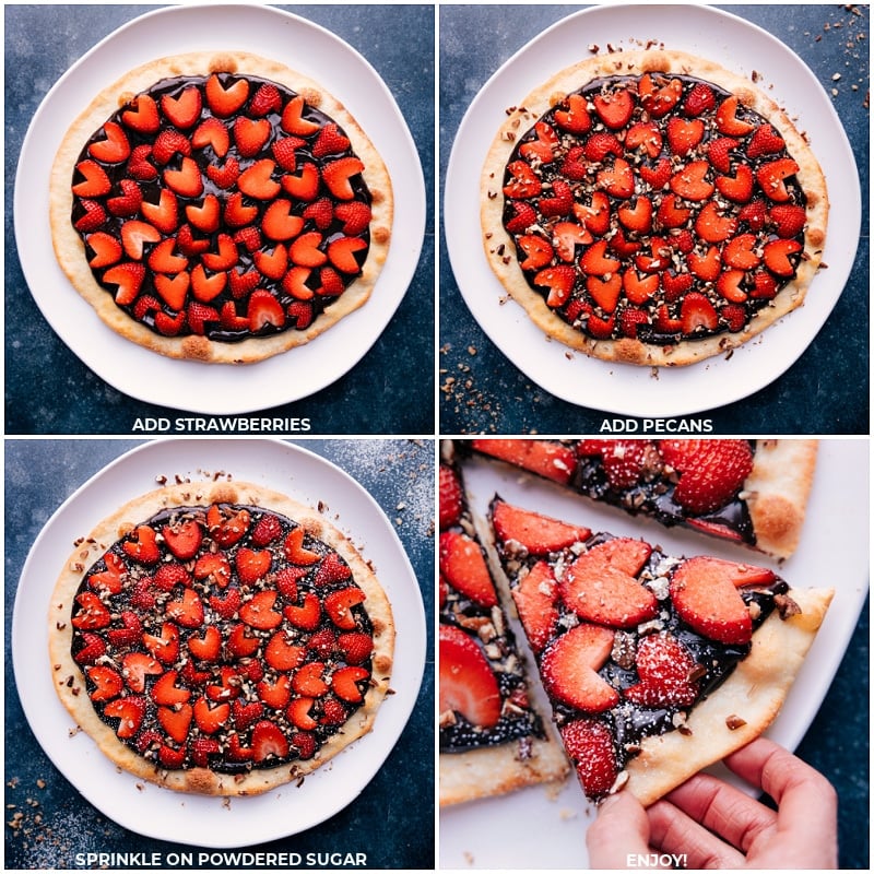 Process shots: Add strawberries to the pizza, followed by pecans and a sprinkle of powdered sugar. Slice and serve.
