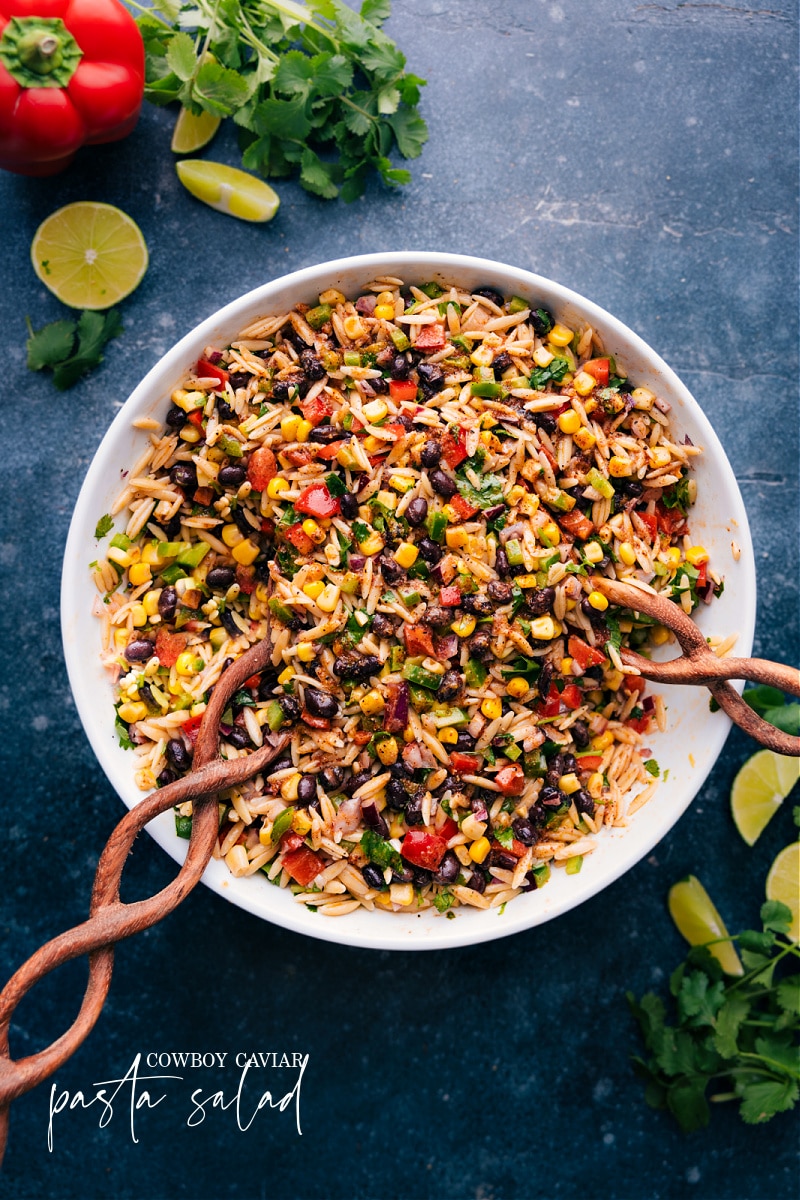 Overhead view of Cowboy Caviar Pasta Salad