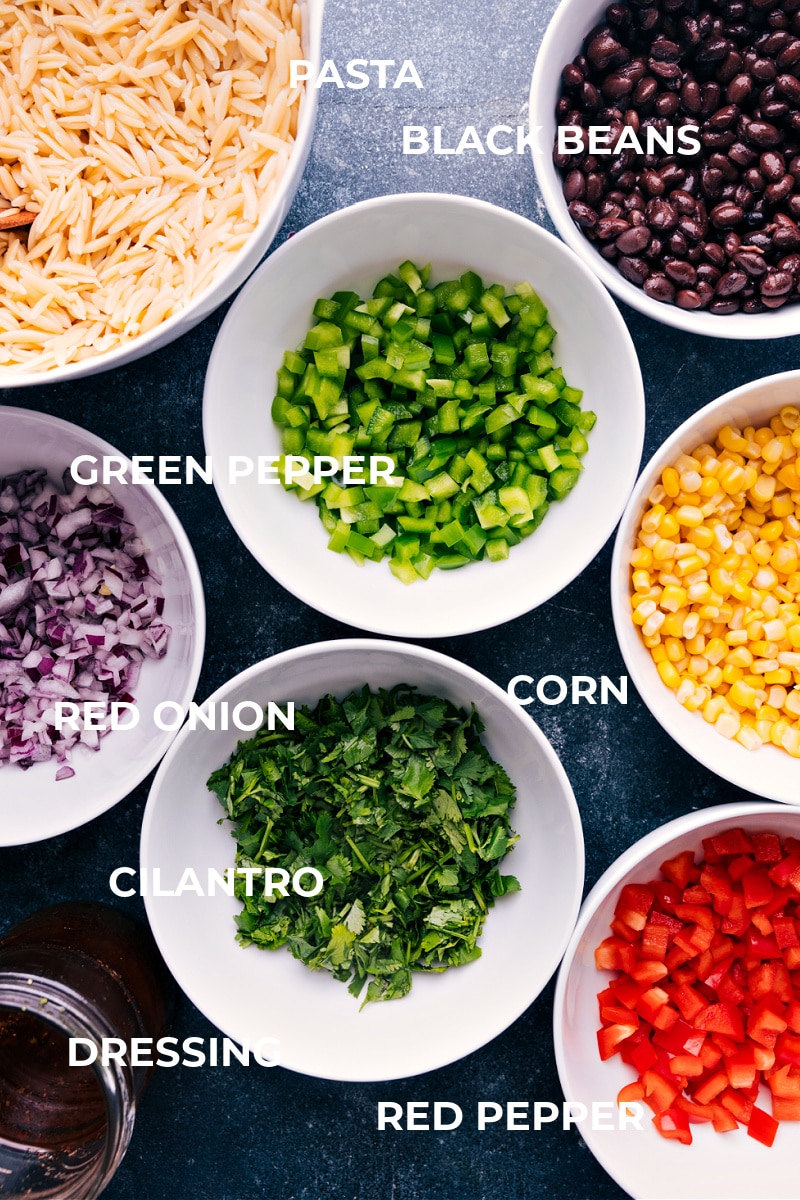 Ingredient shot: the ingredients used for Cowboy Caviar Pasta Salad