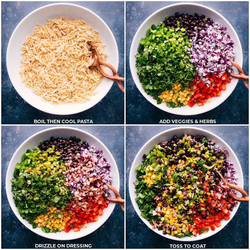 Process shots: boil and cool the pasta; add veggies and herbs; drizzle on dressing; toss to coat.