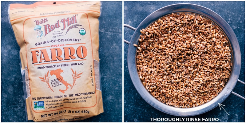 Farro in the package and then in a bowl after rinsing.