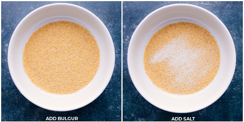 Process shots of How to CookBulgur Wheat-- images of the bulgur being added to a bowl with salt