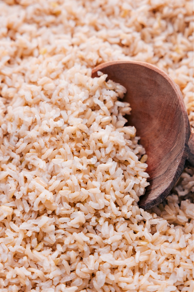 Up-close overhead image of the cooked brown rice recipe