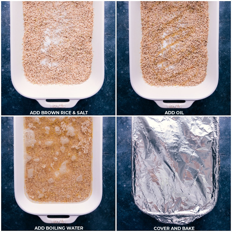 Process shots-- images of the rice, salt, oil and boiling water being added to a 9x14 pan and it all being covered to bake