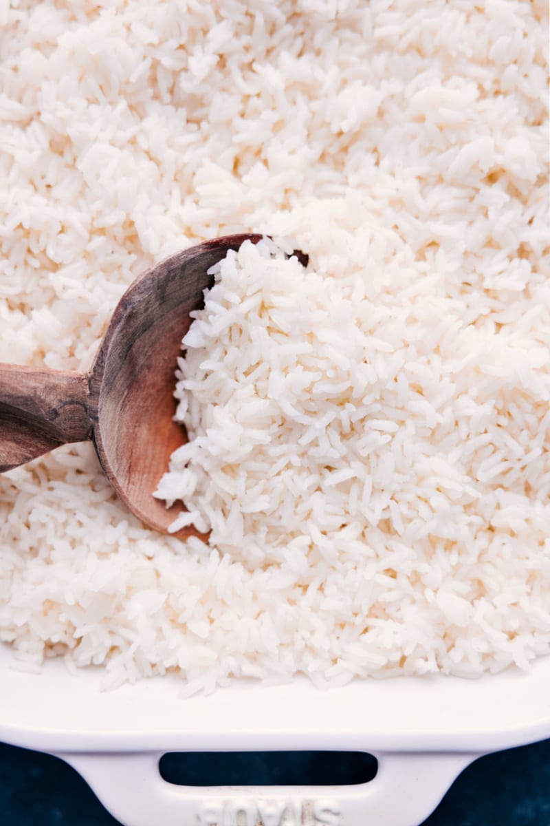 Up close overhead image of the how to make white rice ready to be served