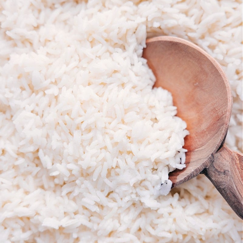 Up close overhead image of the white rice ready to be served