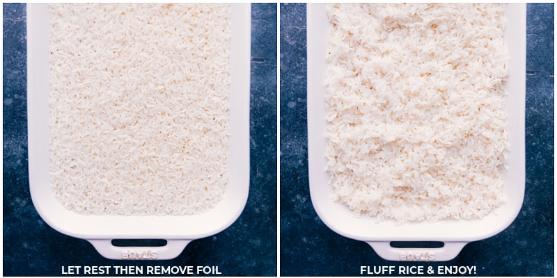 Process shots of how to make white rice-- images of the foil being removed and the rice being fluffed