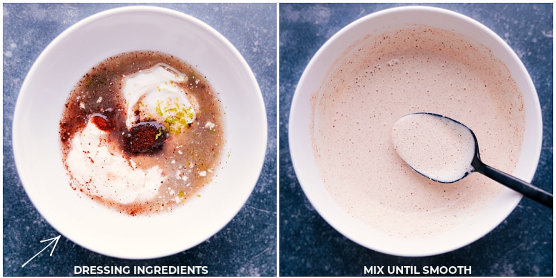 Process shots of Mexican Street Corn Salad-- images of the dressing being made