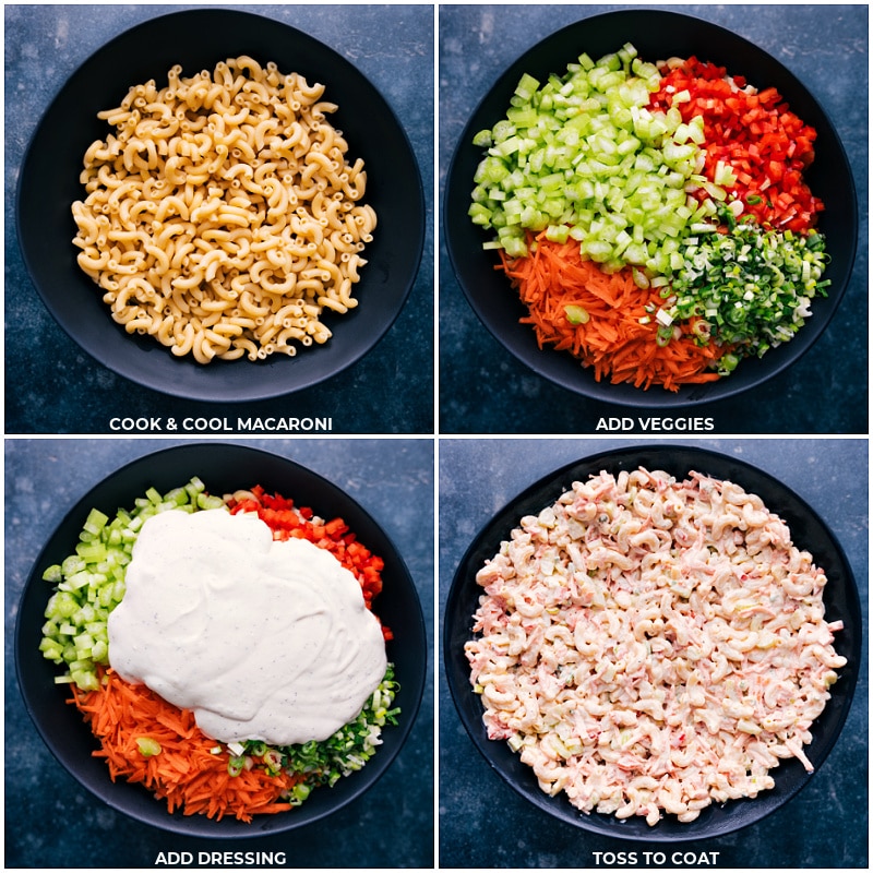 Process shots: cook and cool the macaroni; add veggies; top with dressing; mix it all together.