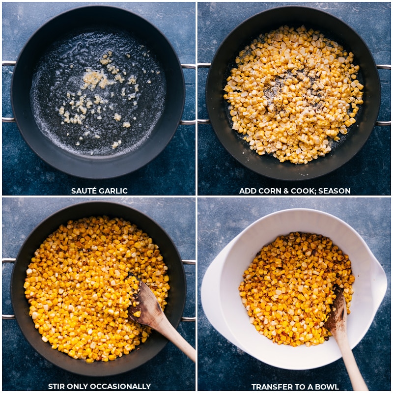 Process shots of mexican street corn salad-- images of the corn being cooked