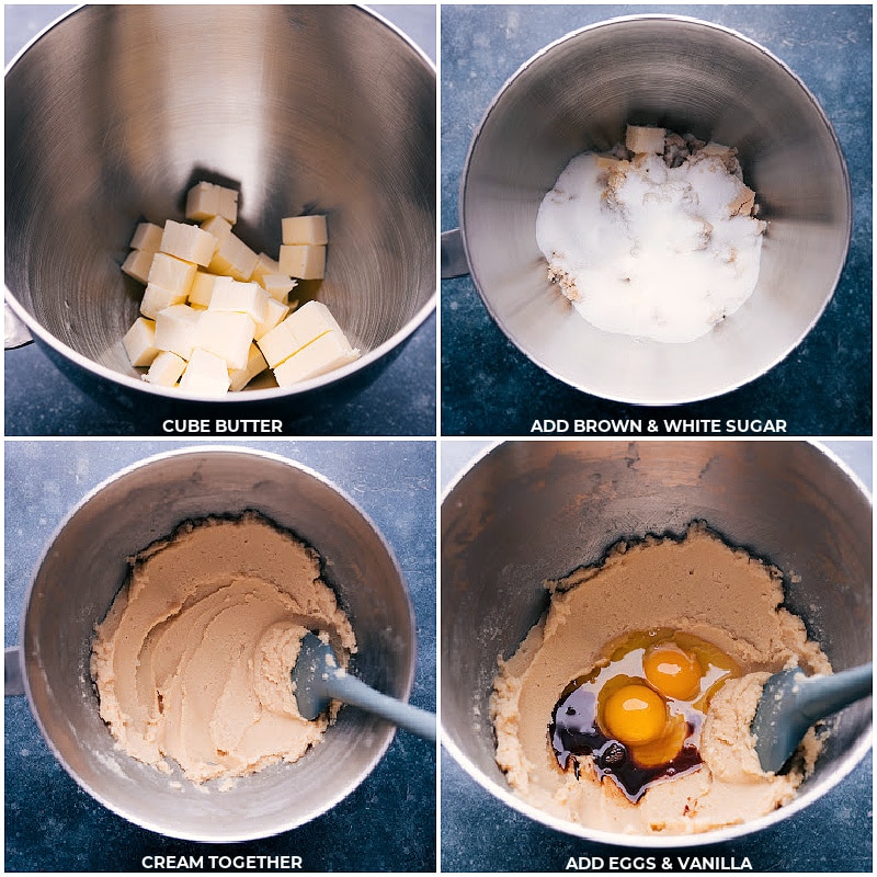 Process shots of Nutella-Stuffed Chocolate Chip Cookies-- Images of the butter, brown sugar, white sugar, eggs, and vanilla all being added into the bowl of a stand mixer