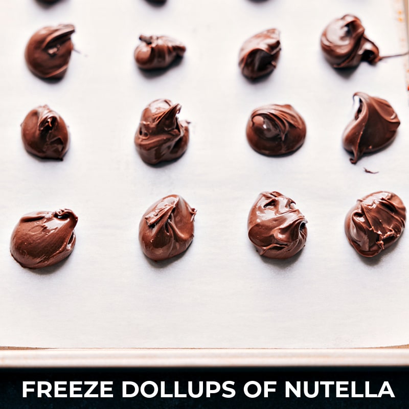 Process shots-- images of the dollops of Nutella being placed on a sheet pan to freeze