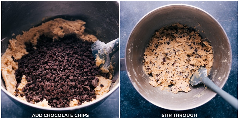Process shots of Nutella-Stuffed Chocolate Chip cookies-- images of the chocolate chips being added and mixed through