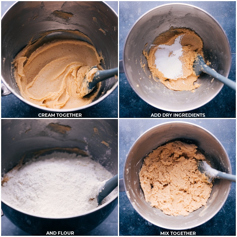 Process shots-- images of the dry ingredients being added to the stand mixer
