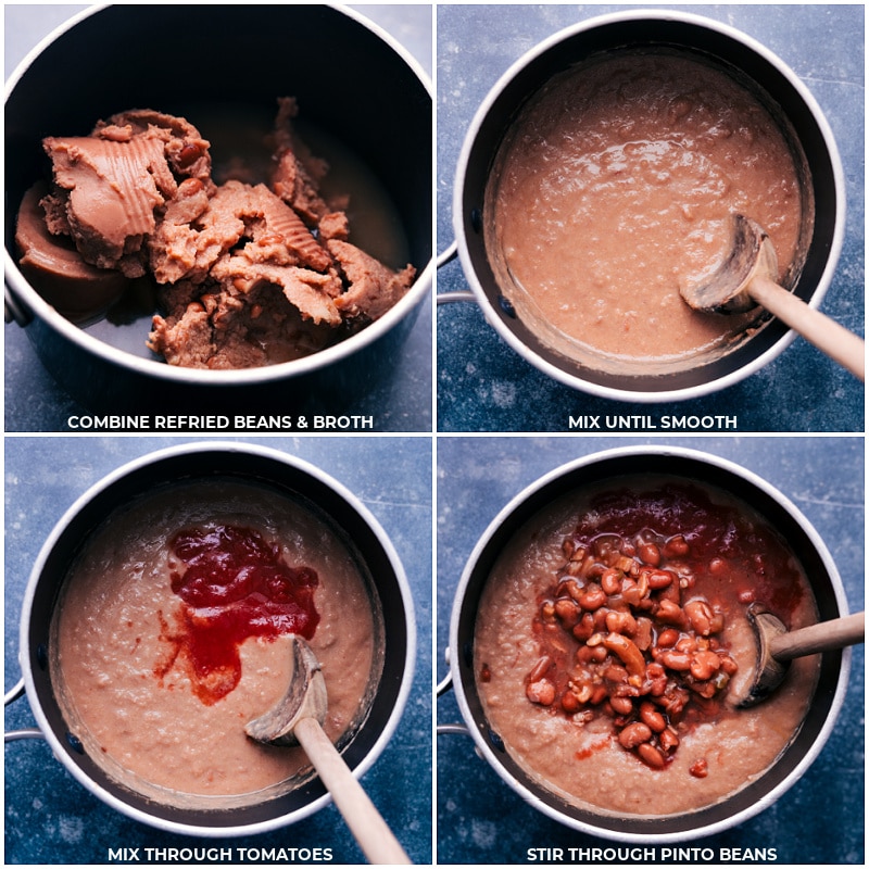Process shots-- images of the refried beans, broth, tomatoes, and pinto beans being added to a pot