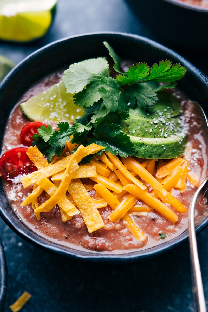 Up-close overhead image of Pinto Bean Soup ready to be enjoyed