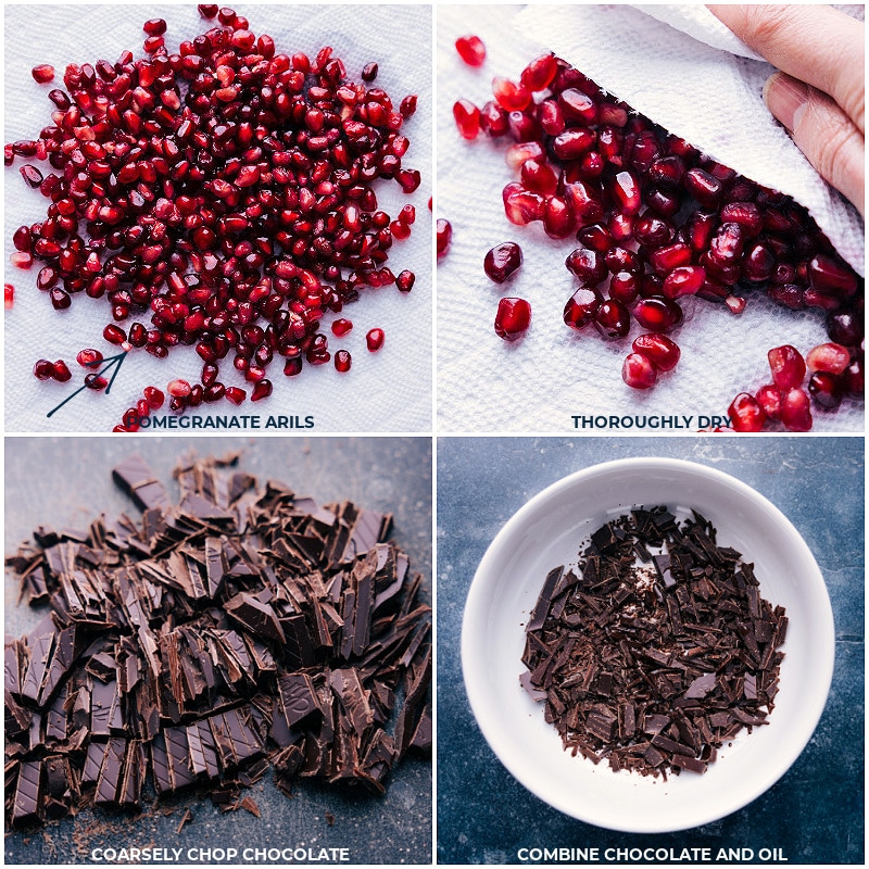 Process shots-- images of the pomegranates being dried and then the chocolate being prepped