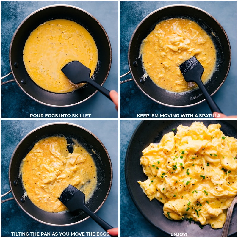 Process shots of Scrambled Eggs-- images of the eggs being cooked in the skillet