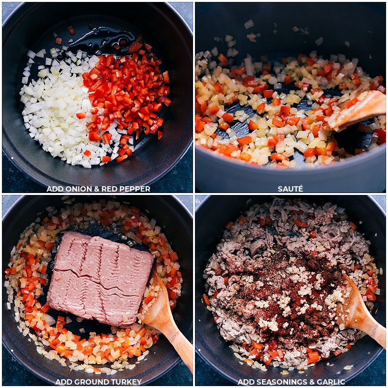 Process shots of Turkey Vegetable Soup: saute onion and red pepper; add ground turkey and seasonings and continue to saute.