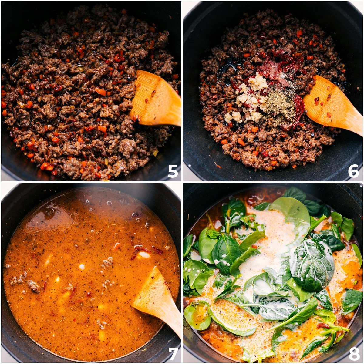 Add the tomato paste, seasonings, garlic, broth, cream, and spinach to the pot and let it cook through.