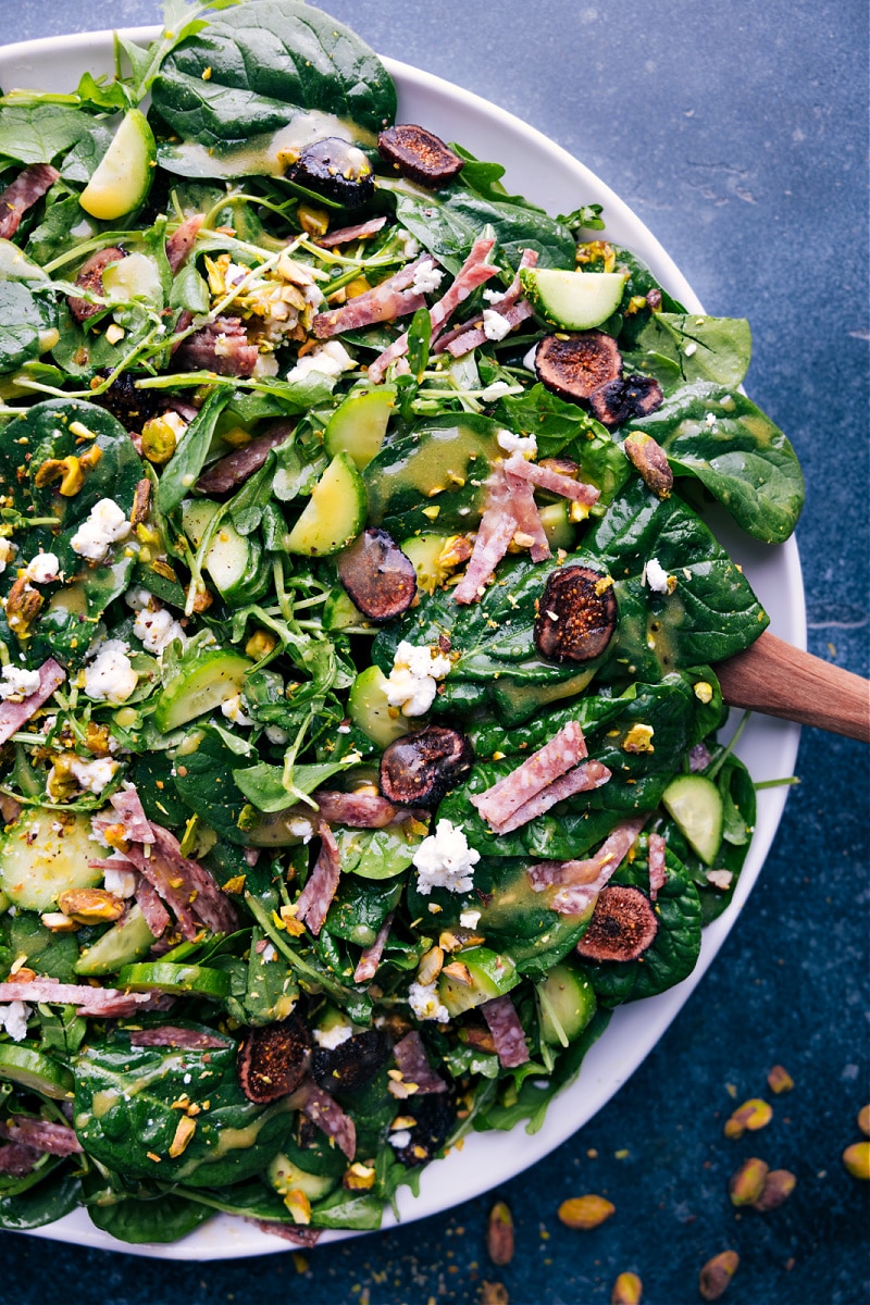 Overhead view of the finished Arugula Salad