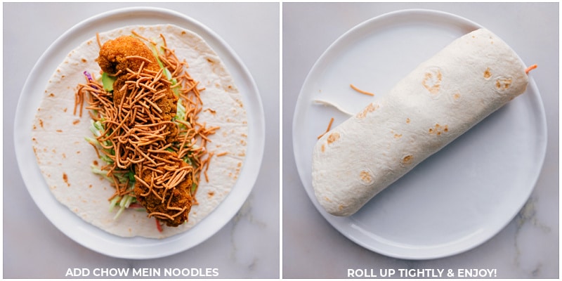 Image of the chow mein noodles being added on top and the Asian Xhicken Wraps being rolled up