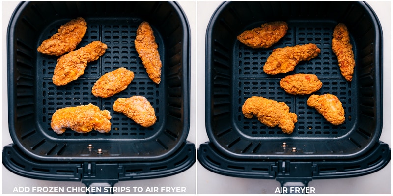 Process shots of Asian Chicken Wraps-- images of the chicken strips being air fried