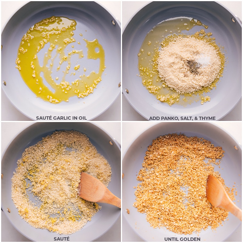 Process shots-- images of the garlic being sautéed in oil, then the Panko, salt, and thyme