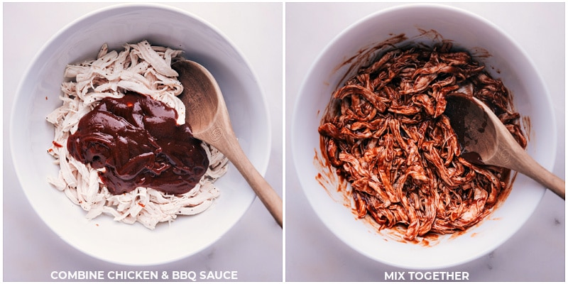 Process shots-- images of the chicken and bbq sauce being combined