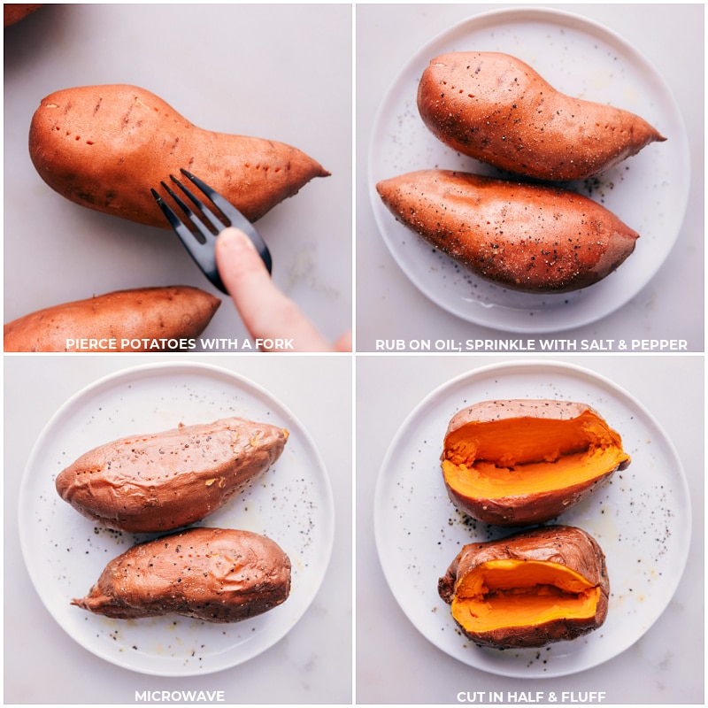 Process shots bbq chicken potatoes-- images of the potatoes being pierced with a fork and microwaved