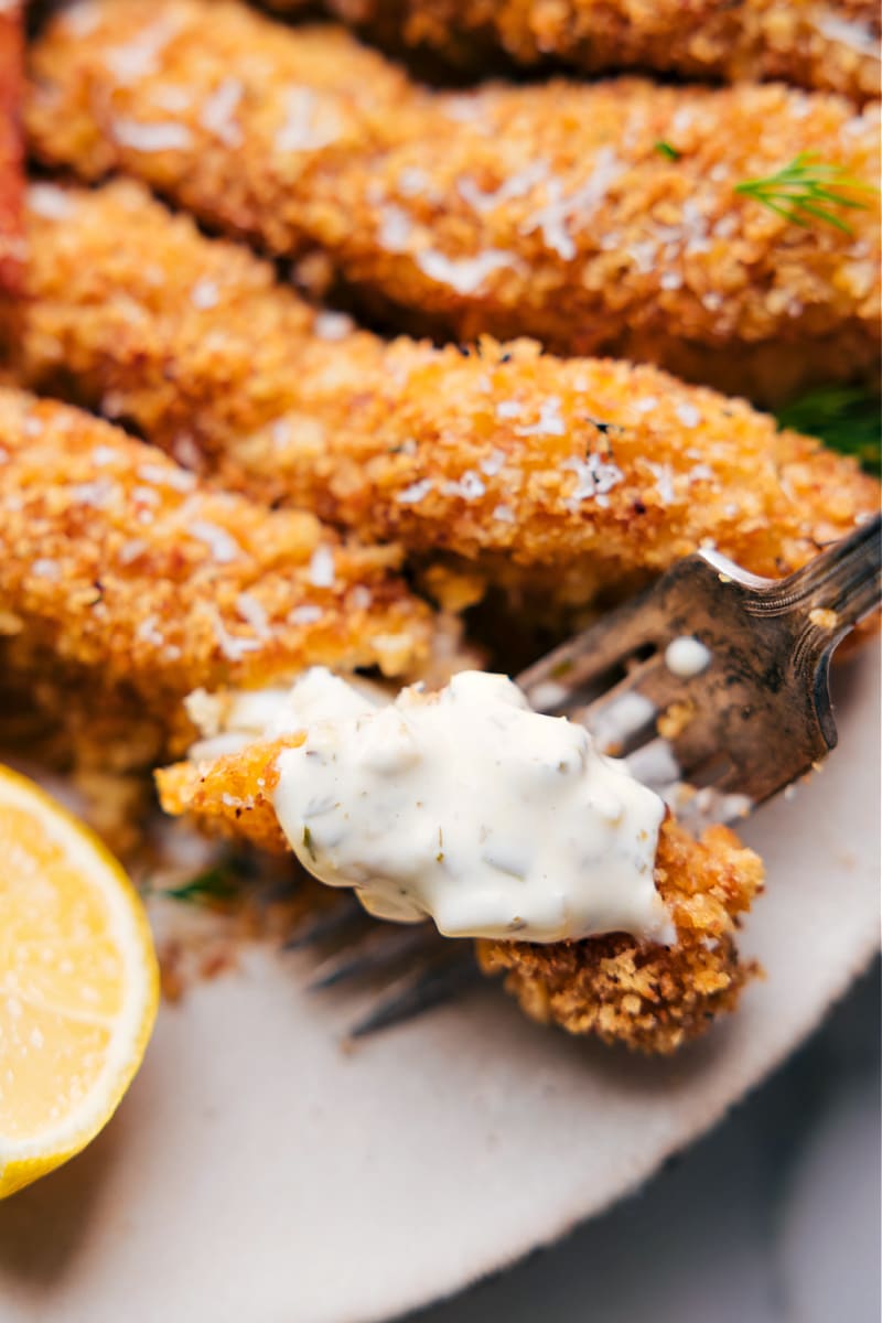 Up close overhead image of the Baked Fish and Chips ready to be enjoyed