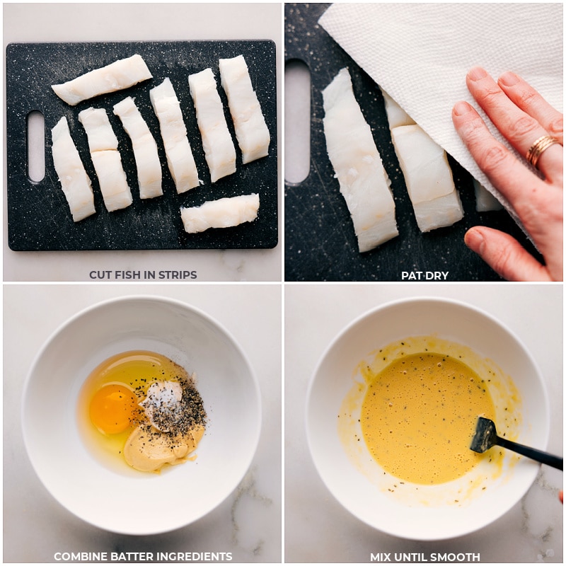 Process shots of Baked Fish and Chips-- images of the fish being cut into strips and the batter being mixed together