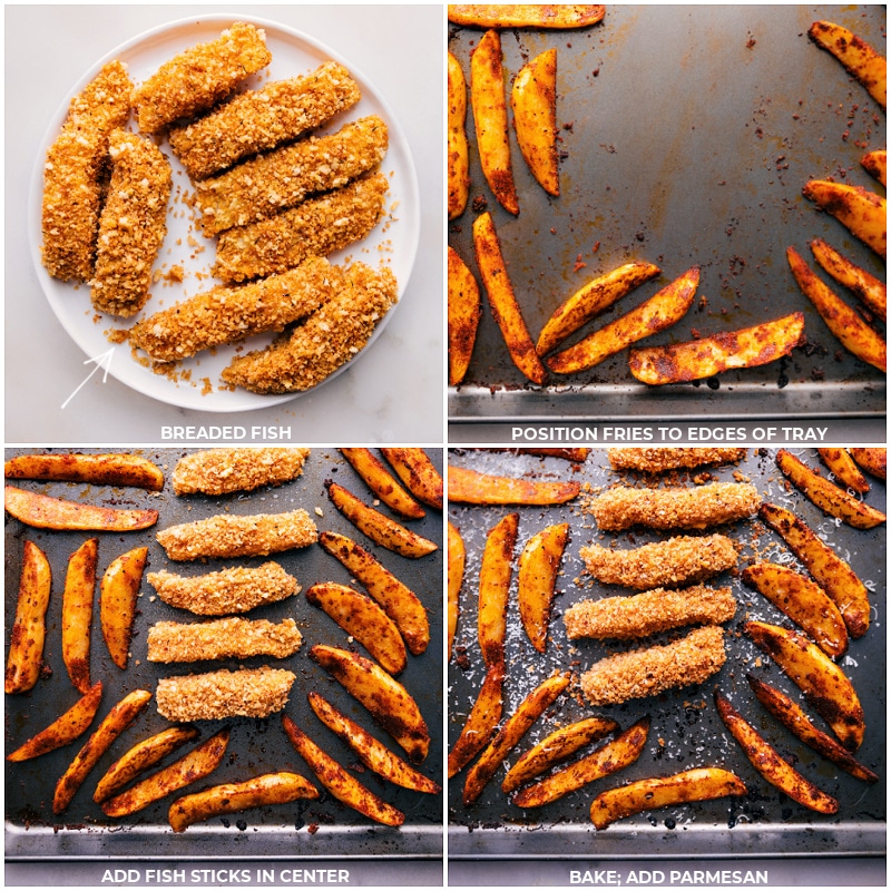 Process shots-- images of the breaded fish being placed on the sheet pan with the fries and it all being baked