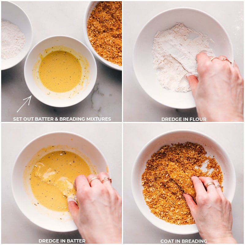 Process shots-- images of fish being dredged in flour, covered in batter, and coated in breading