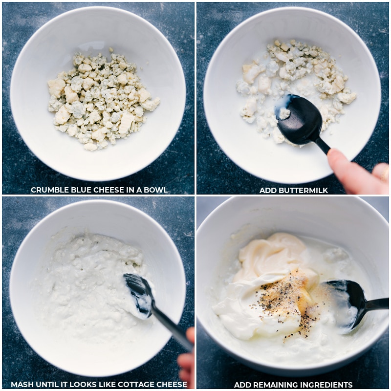 Process shots-- images of the cheese, buttermilk, and remaining ingredients being added to a bowl