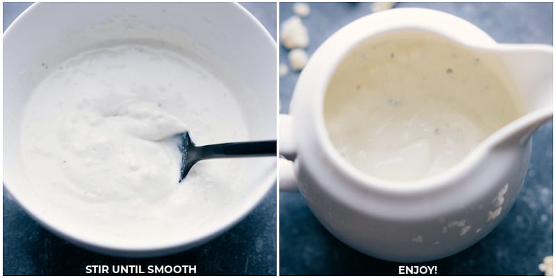 Process shots of Blue Cheese Dressing-- images of the dressing being mixed together