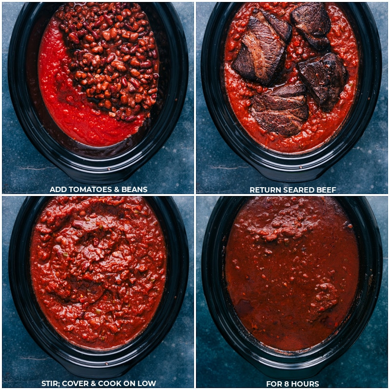 Process shots-- images of the tomatoes, beans, and seared beef being added to the crockpot