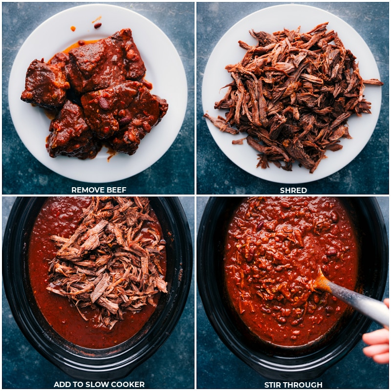 Process shots of Chili Con Carne-- images of the beef being shredded and added back to slow cooker