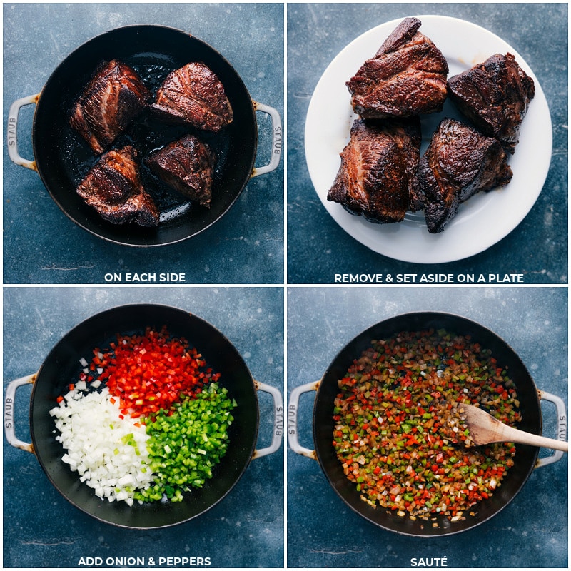 Process shots-- images of the meat being cooked and then veggies being sautéed 