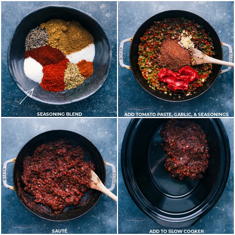 Process shots of Chili Con Carne-- images of the seasonings, tomato paste, and garlic being added to the pot and all being cooked together, then everything being added to crockpot