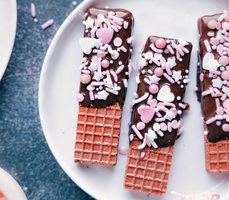 Overhead image of the chocolate covered wafers with milk chocolate and sprinkles