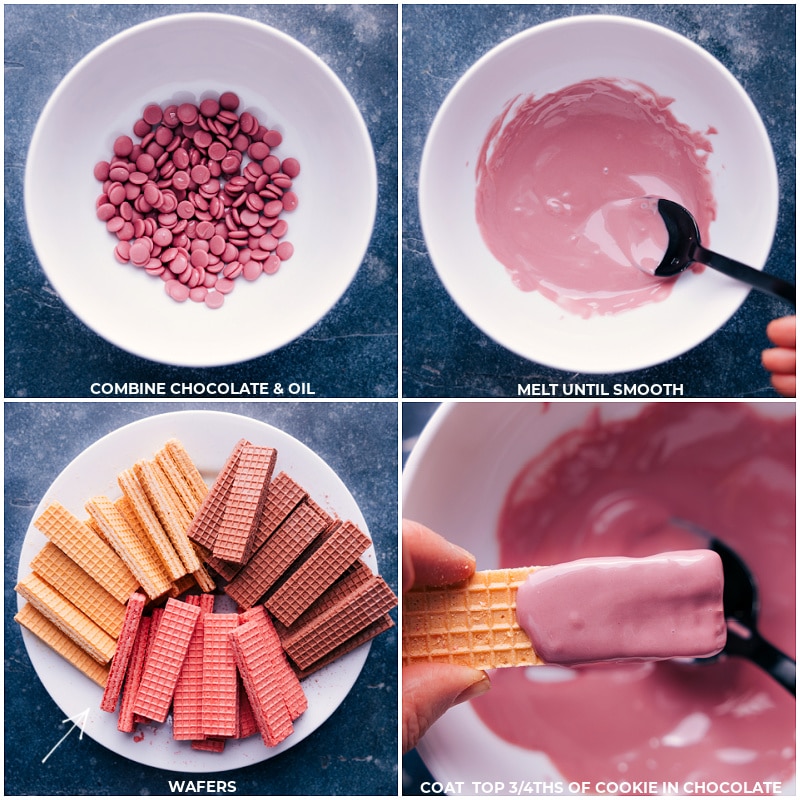 Process shots-- images of the pink chocolate being melted and the cookies being coated in the chocolate