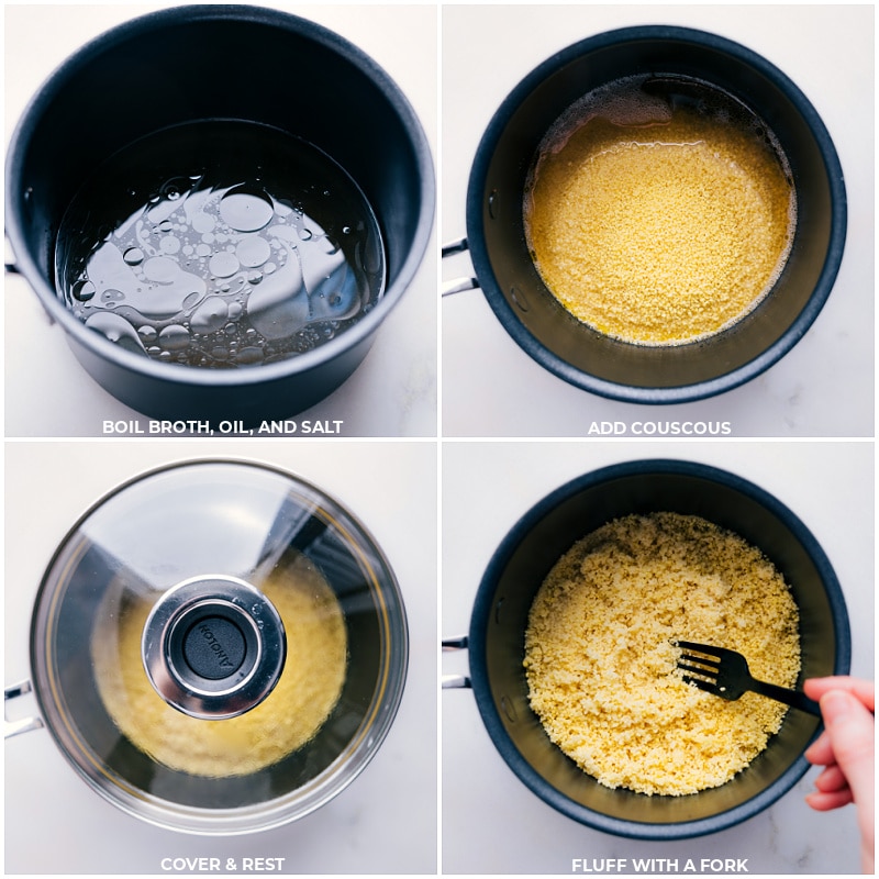 Process shots-- images of the broth, oil, and salt being brought to a boil and the grain being added