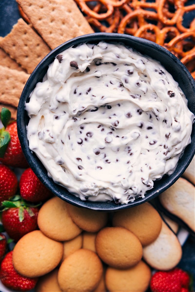 Overhead view of Chocolate Chip Dip surrounded by dippers